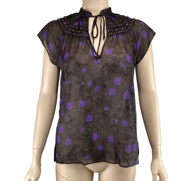 Theory Top Medium Floral Embellished Sheer Blouse Brown/Purple Beaded Cap Sleeve - Picture 1 of 8